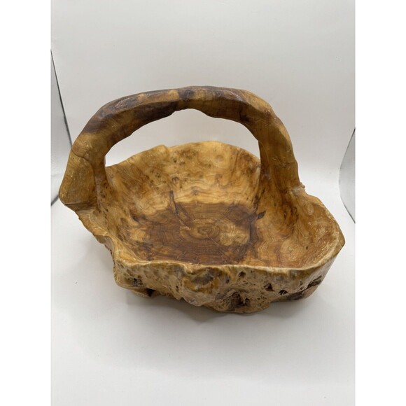VTG Large Hand Carved Wood Tree Burl Wooden Bowl Basket Handle Shan Mu Tree - Picture 2 of 15